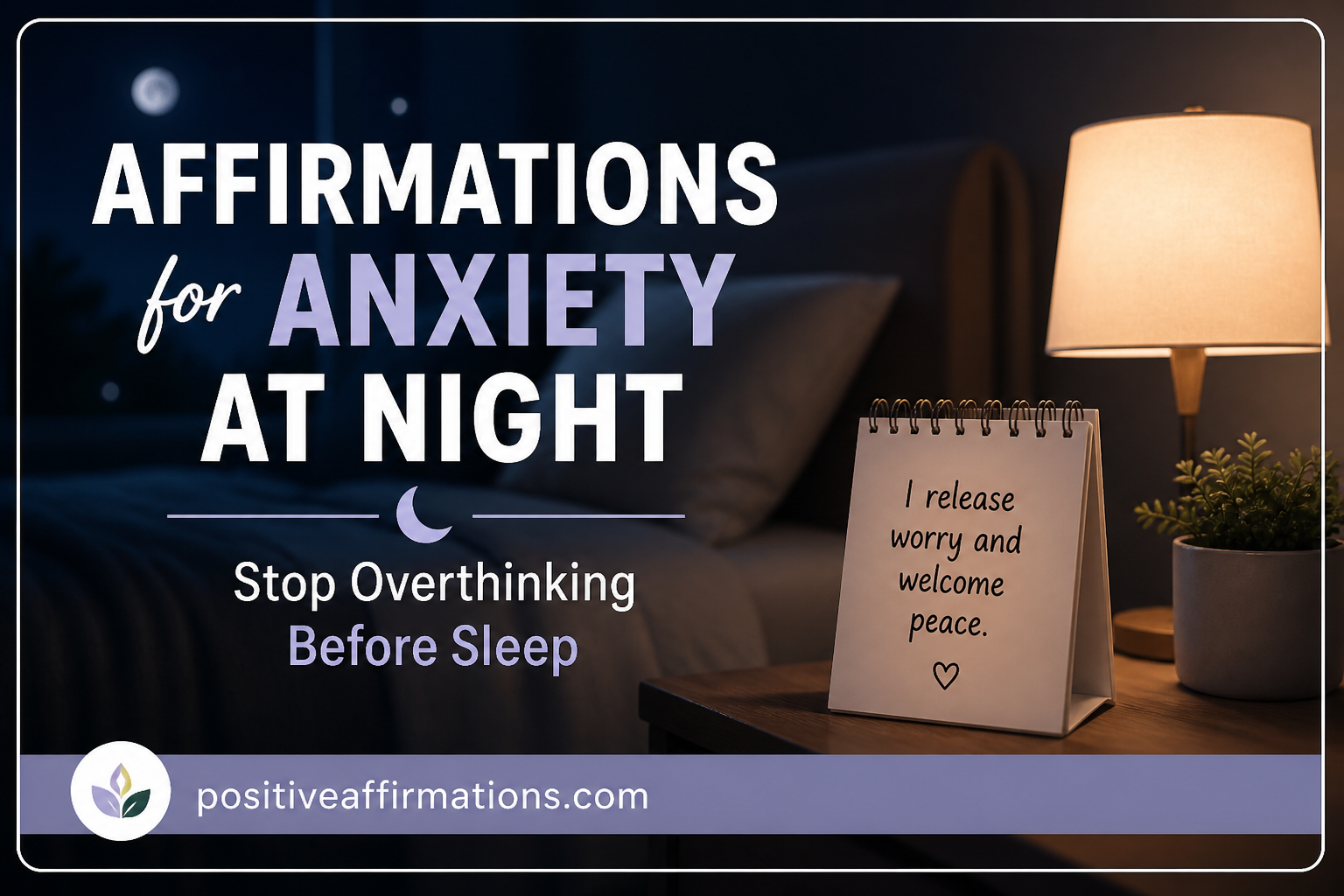 Affirmations for anxiety at night to help stop overthinking before sleep with calming bedroom scene and positiveaffirmations.com branding