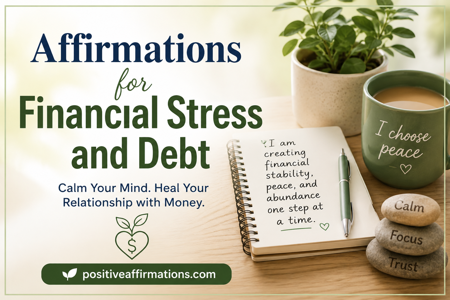 Affirmations for financial stress and debt featured image with calming green tones, notebook affirmations, meditation elements, and positiveaffirmations.com branding.