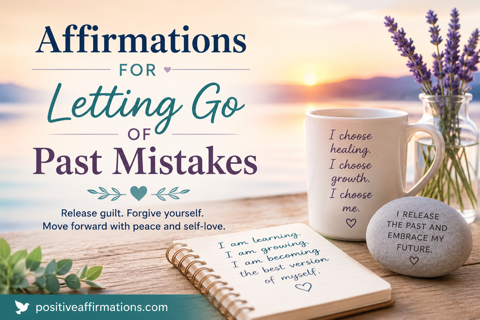 Affirmations for letting go of past mistakes featured image with calming sunset background, healing affirmations journal, peaceful self-forgiveness theme, and positiveaffirmations.com branding.