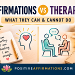 Affirmations vs therapy featured image showing positive self-talk and counseling comparison with PositiveAffirmations.com branding