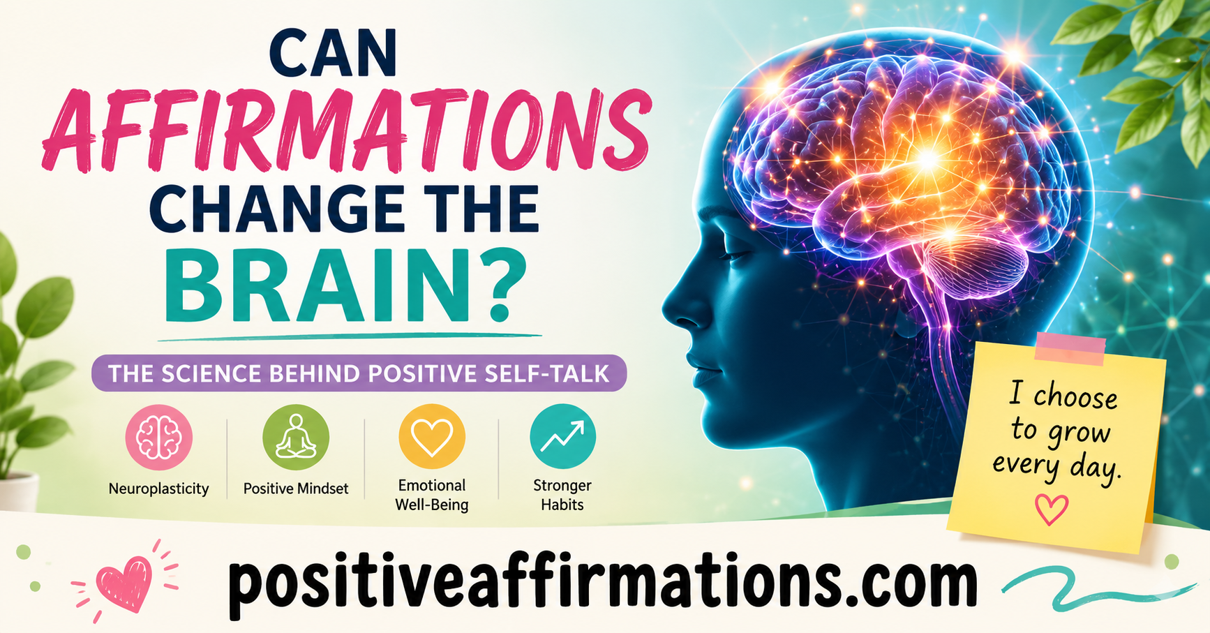 Can affirmations change the brain featured image showing glowing brain illustration and science of positive self-talk with PositiveAffirmations.com branding