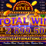 Colorful casino slot machine featured image showing a “Total Win 2899.50” jackpot with flying gold coins, sparkling gems, and the PositiveAffirmations.com logo against a glowing purple casino background.
