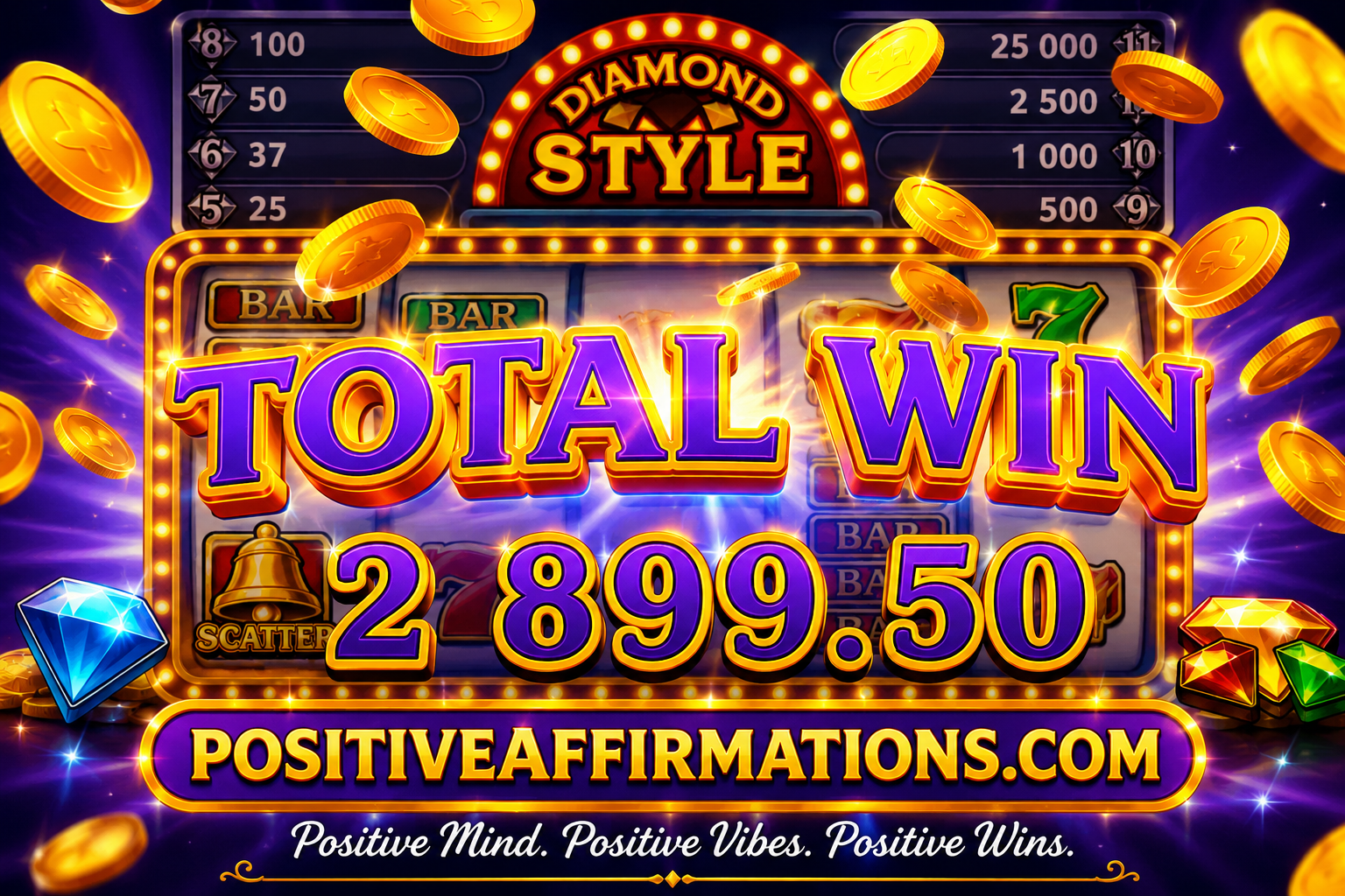 Colorful casino slot machine featured image showing a “Total Win 2899.50” jackpot with flying gold coins, sparkling gems, and the PositiveAffirmations.com logo against a glowing purple casino background.
