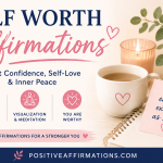 Self Worth Affirmations featured image with calming desk scene, motivational affirmations, meditation and visualization themes, and PositiveAffirmations.com branding.