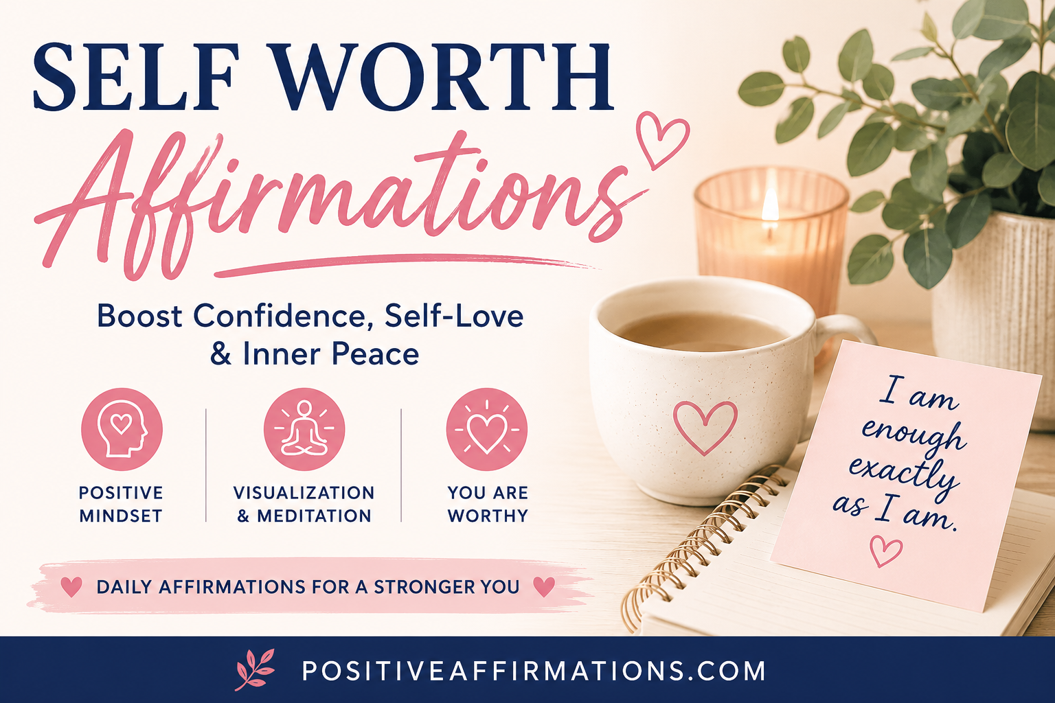 Self Worth Affirmations featured image with calming desk scene, motivational affirmations, meditation and visualization themes, and PositiveAffirmations.com branding.