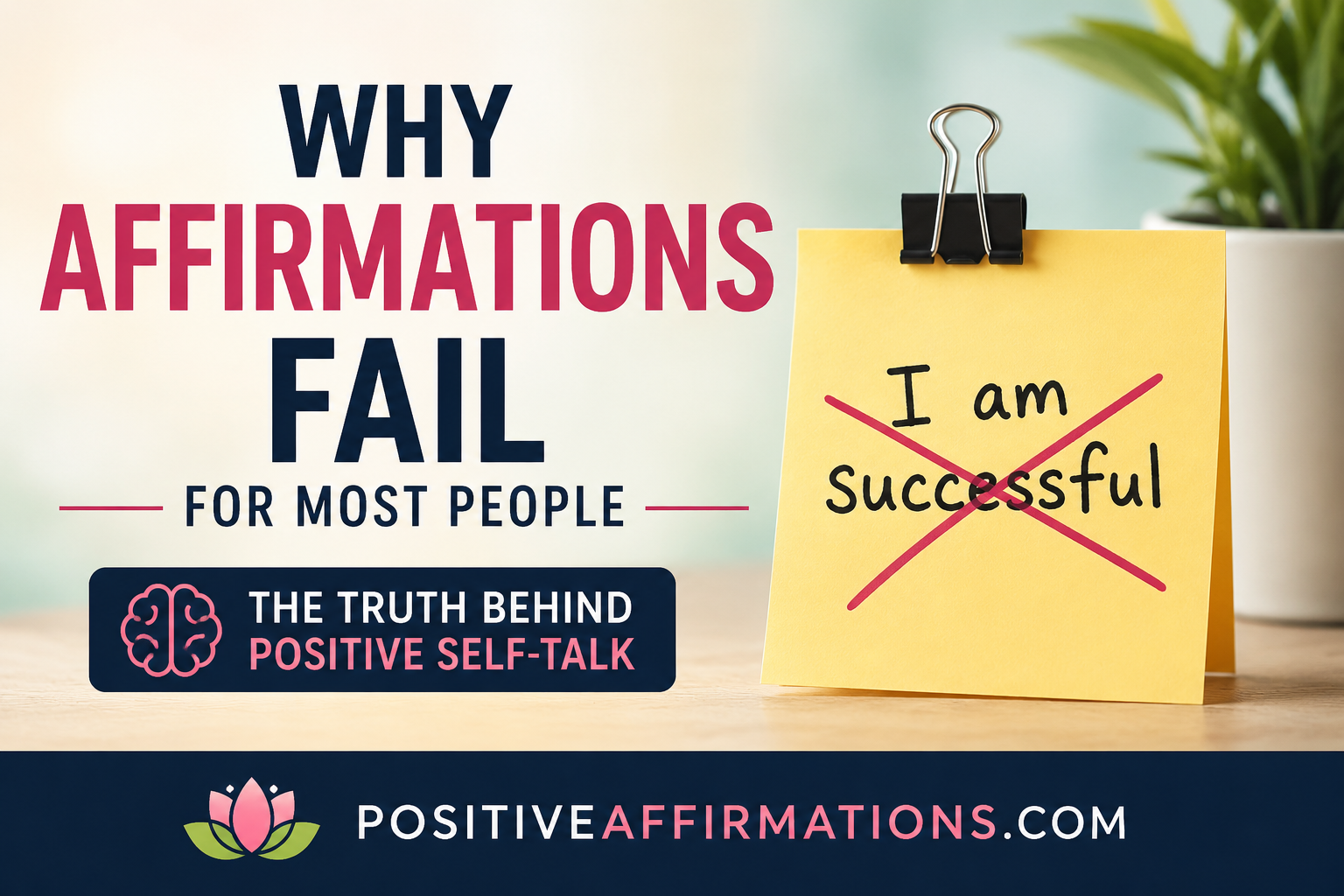 Why affirmations fail for most people featured image with crossed-out affirmation note and PositiveAffirmations.com branding